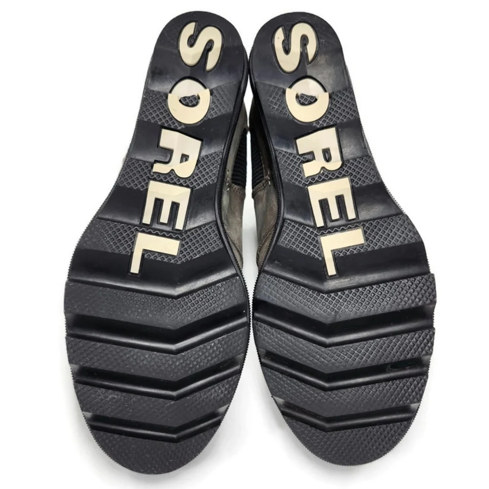 Sorel Joan of Arctic Grey Leather Waterproof Pull-On Lug-Sole Wedge Heel Boots